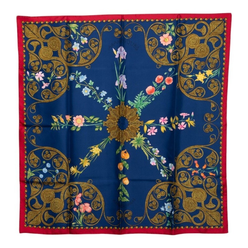 Hermes Carre 90 Arabesque Scarf/Muffler, Large Size, Blue Multicolor Silk, Wo...